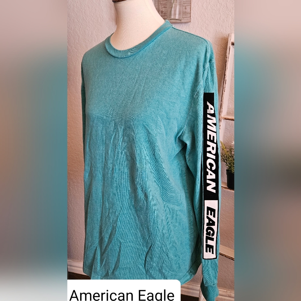AMERICAN EAGLE Teal Long Sleeve Cotton Tee Logo Size Medium
